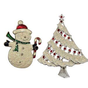 VTG Brooches Christmas 2PC Set Frosted Sugar Enamel  Snowman Christmas Tree Pins
